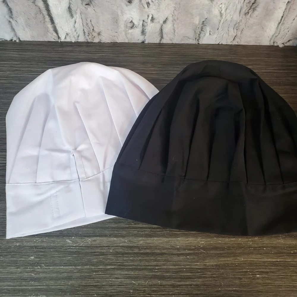 Baker's Dozen White And Plain Black Chef's Hat - Adult OS, Elastic - LOT OF 2‎